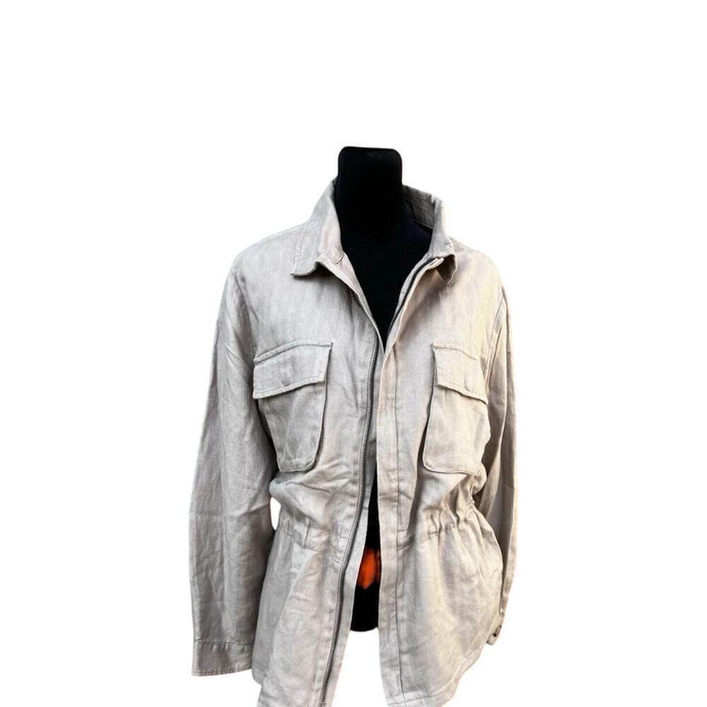 TAHARI women’s L jacket full zipper flap pockets tan